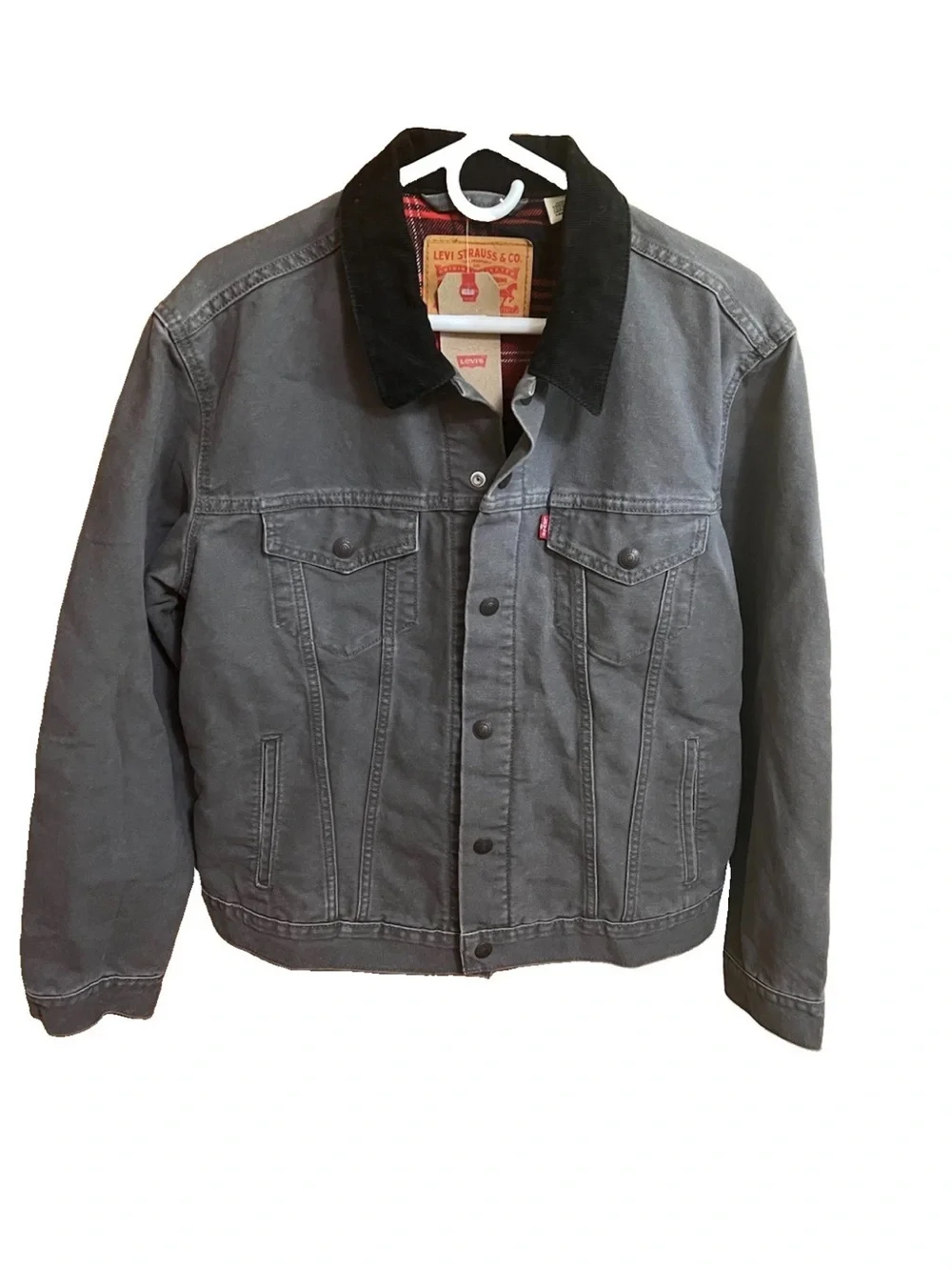 Levi’s NWT Flannel Lined Canvas Trucker Jacket M Grey Corduroy Collar 72890-001